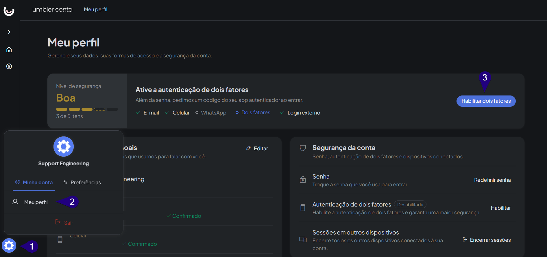 Configuração para habilitar a autenticação de dois fatores no perfil do Account