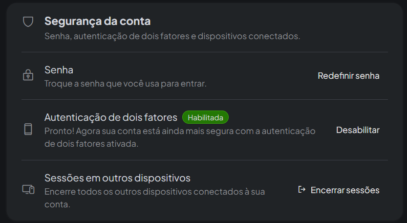 Tela do Account após a ativação da autenticação de dois fatores